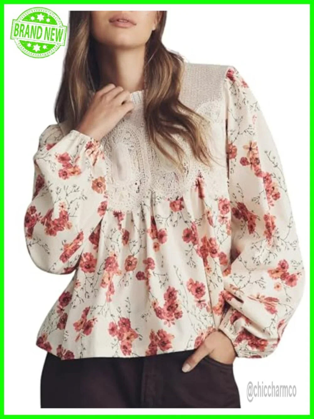 Women's Lace-Detail Poplin Mesh Swing Babydoll Top Long Sleeve Flared Blouse